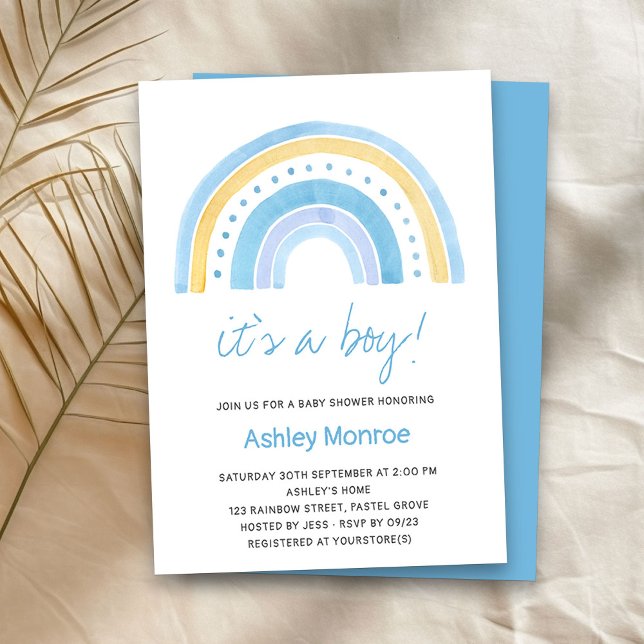 Invitation C'est un Baby shower Garçon Blue Rainbow (It's a Boy baby shower invitation with cute rainbow)