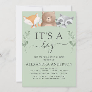 Invitation C'est un Baby shower garçon Boy Woodland Green
