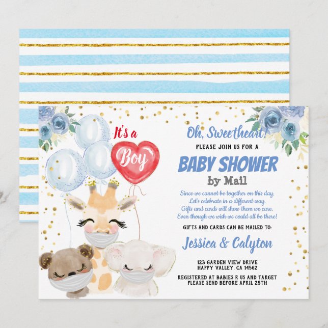 Invitation C'est un Baby shower garçon par mail mignon Animau (Devant / Derrière)