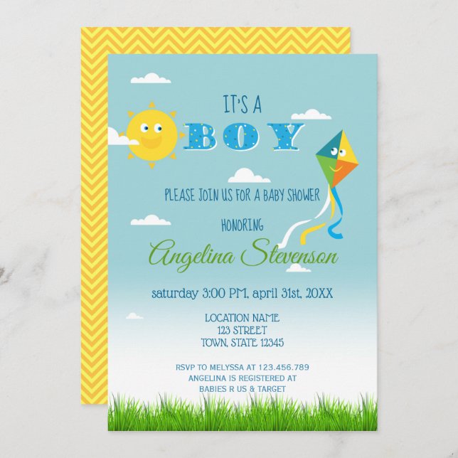 Invitation C'est un Baby shower garçon Sun Kite mignon printe (Devant / Derrière)