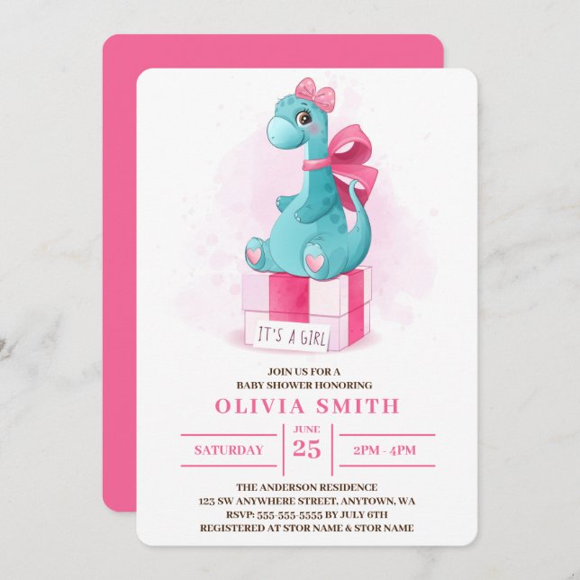 Invitation C'est un Baby shower Girl Cute Dinosaur (Devant / Derrière)