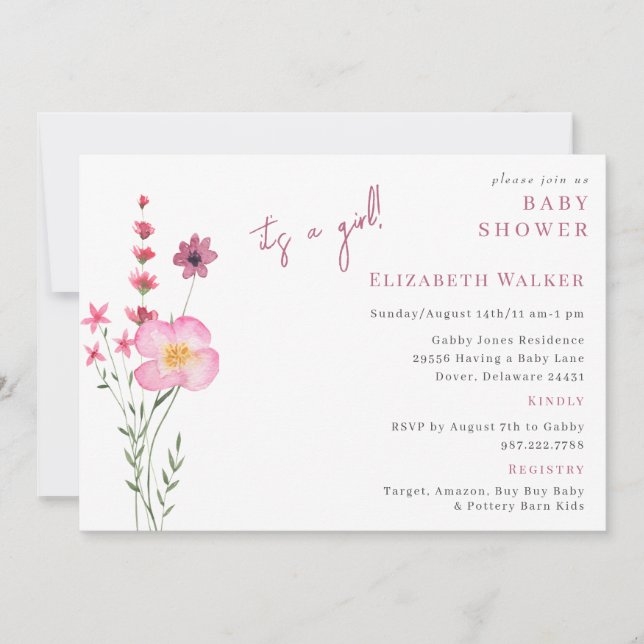 Invitation C'est un Baby shower Horizonta Fleur sauvage rose  (Devant)