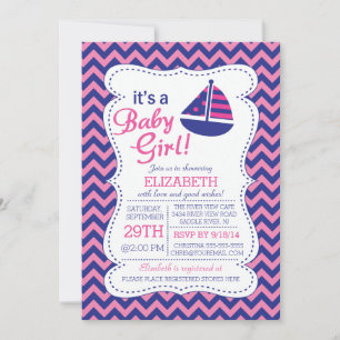Invitation C'est un Baby shower nautique de Bébé Girl Sailboa