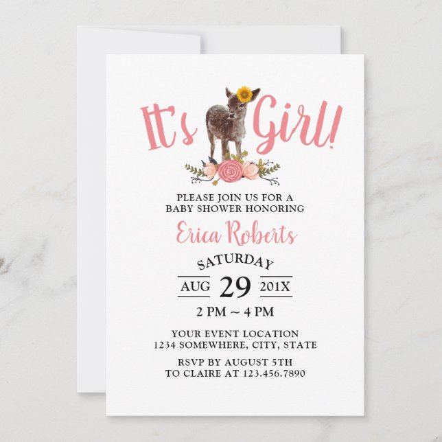 Invitation C'est un Baby shower rose doux de cerf de tourneso (Devant)