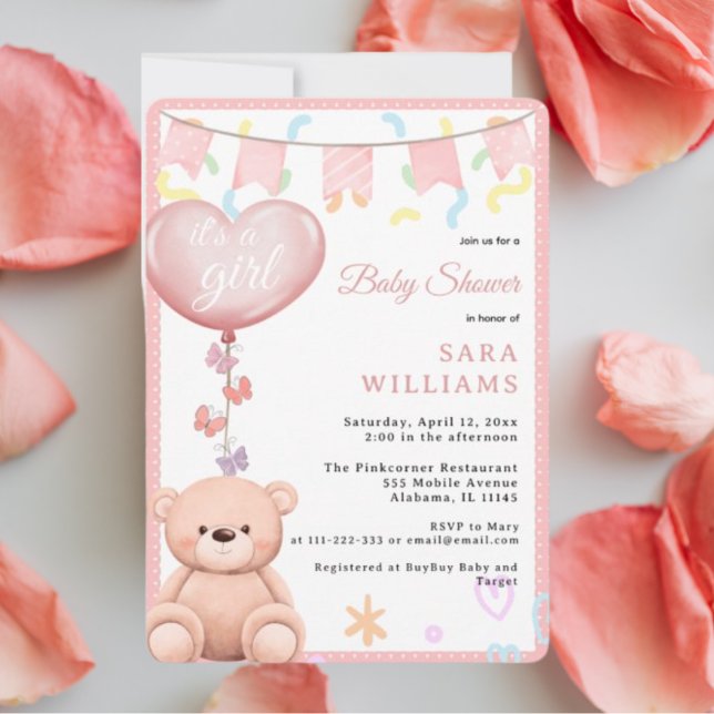 Invitation C'est un ballon rose fille baby shower Ours en pel (It's a Girl Pink Heart shaped balloon Cute Teddy Bear and butterflies baby shower Invitation Pastel.)