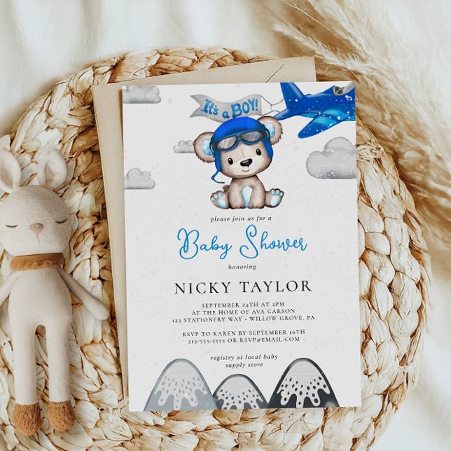 Invitation C'est un Boy Aviator Bear Plane Baby shower d'hive (Créateur téléchargé)