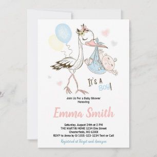 Invitation C'est un Boy Cute Stork Watercolor Baby shower Inv