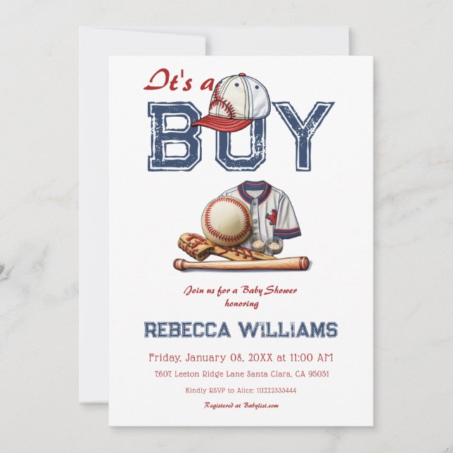 Invitation C'est un Boy Sport Baseball Baby shower à thème (Devant)