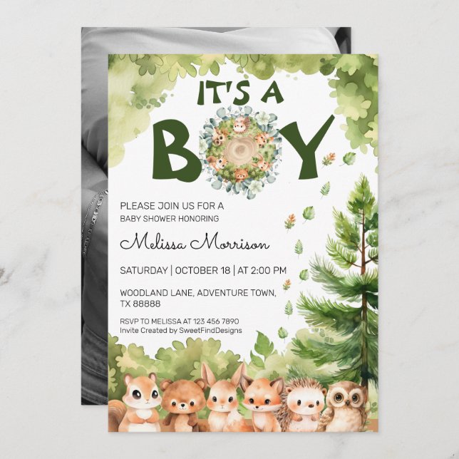 Invitation C'est Un Boy Woodland par SFD Baby Boy Shower (Devant / Derrière)
