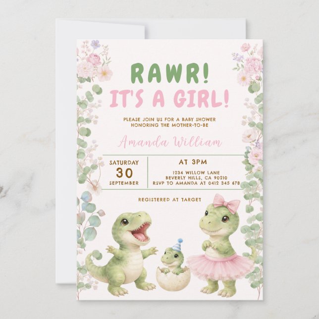 Invitation C'est un Dinosaure Fille Baby Shower Dinosaure (Devant)