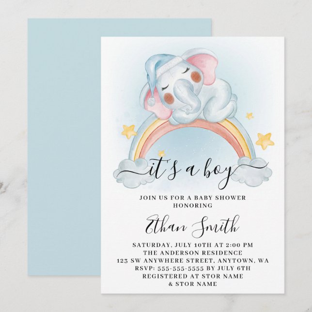 Invitation C'est un éléphant garçon arc-en-ciel aquarelle Bab (Devant / Derrière)