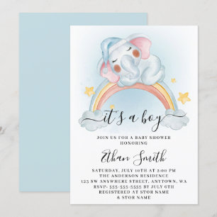Invitation C'est un éléphant garçon arc-en-ciel aquarelle Bab