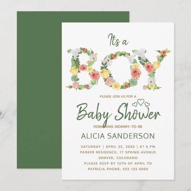 Invitation C'est un garçon alphabet floral script shower de b (Devant / Derrière)