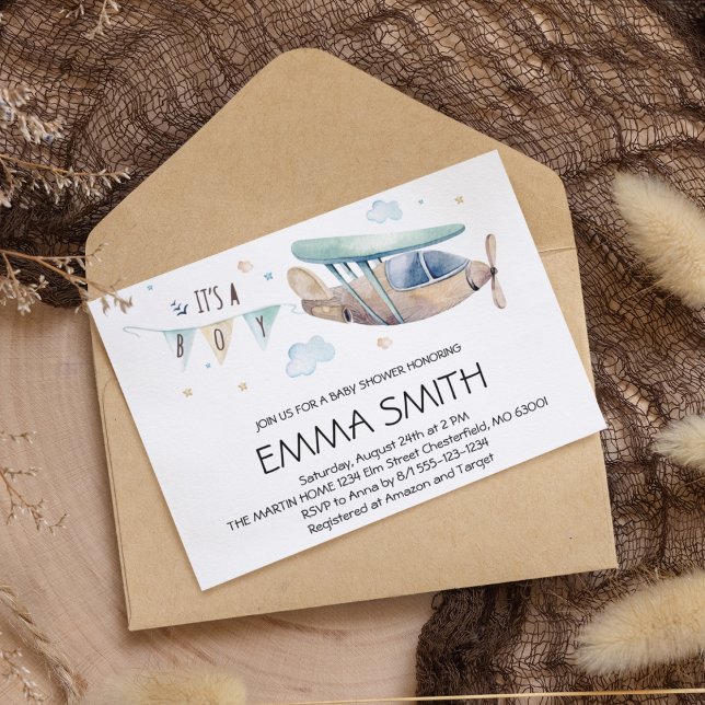 Invitation C'est un Garçon Aquarelle Avion Bébé Garçon Douche (Créateur téléchargé)