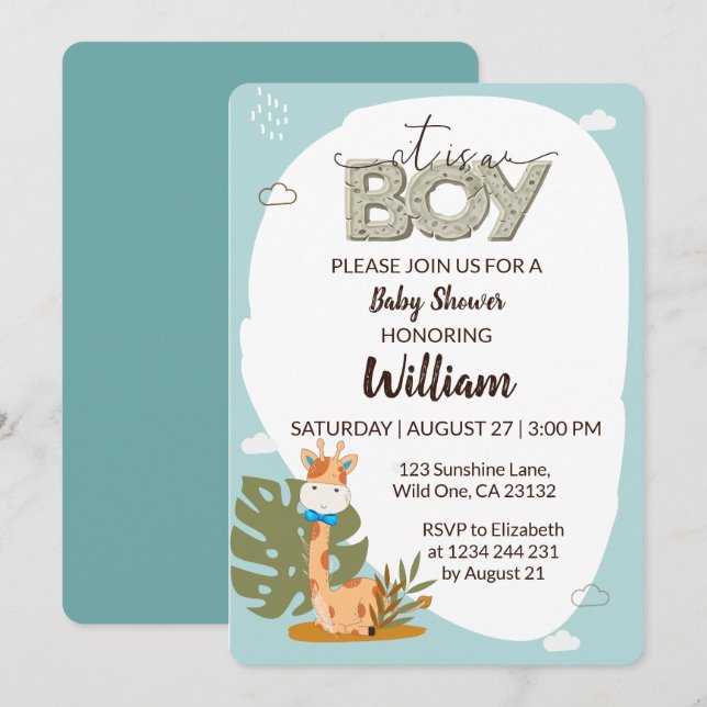 Invitation C'est un garçon Baby Giraffe Baby shower Invitatio (Devant / Derrière)