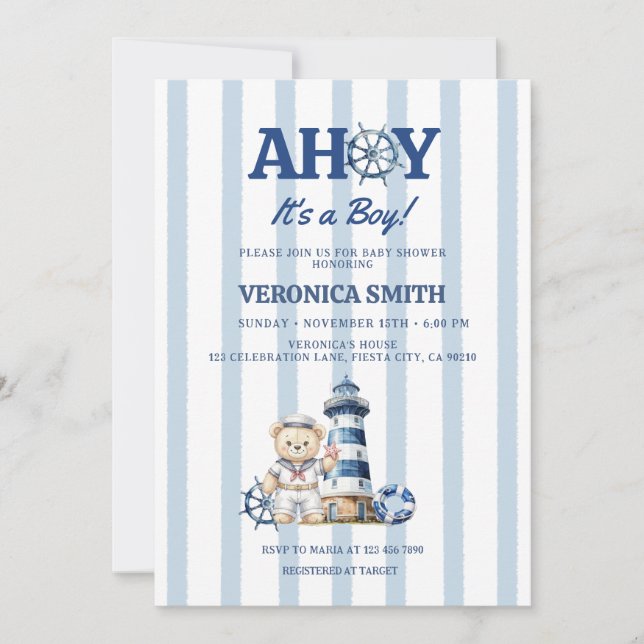 Invitation C'est un garçon Baby Shower Ahoy (Devant)