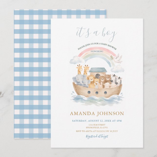 Invitation C'est un garçon, Baby Shower Arche de Noé (Devant / Derrière)