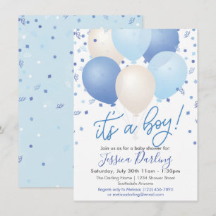 Invitation C'est un garçon Baby Shower Ballons bleus et Confe