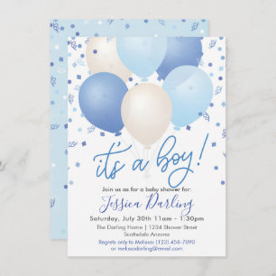 Invitation C'est un garçon Baby shower Bleu Ballons et Confet