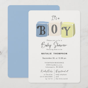 Invitation C'est un garçon Baby shower Blocs Bleu