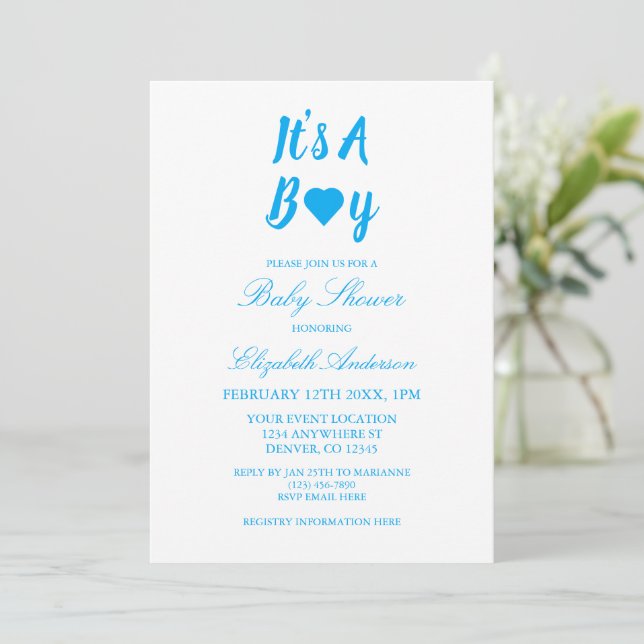 Invitation C'est un garçon Baby Shower coeur (Debout devant)