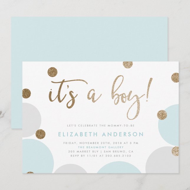Invitation C'est un garçon ! | Baby shower Confetti bleu et o (Devant / Derrière)