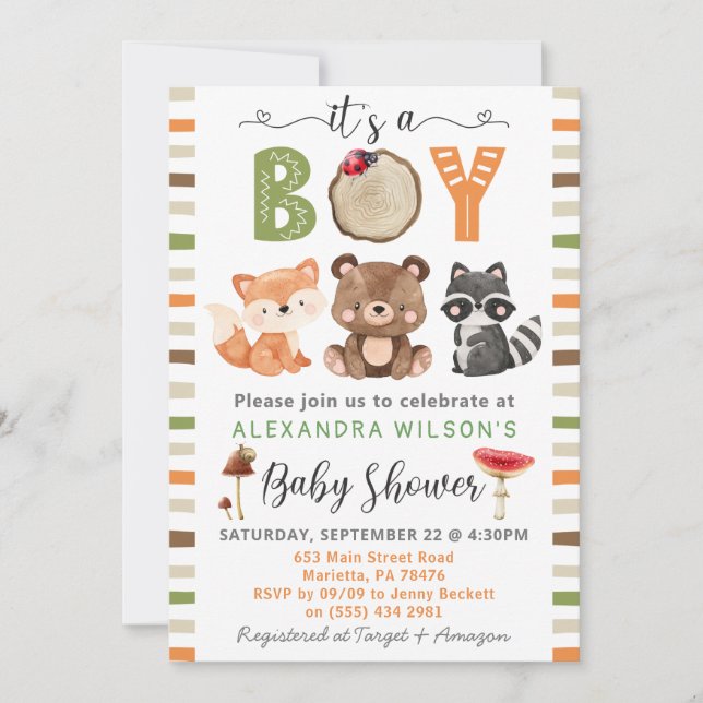 Invitation C'est un garçon Baby shower d'animaux de bois (Devant)