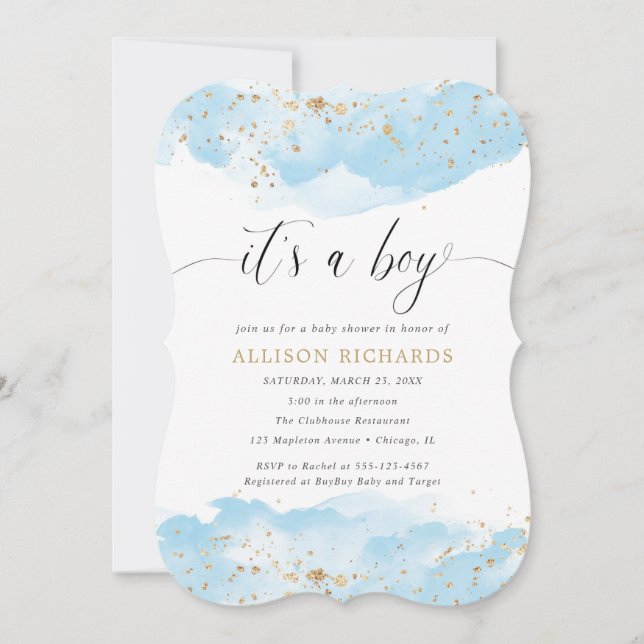 Invitation C'est un garçon baby shower d'aquarelle bleu et or (Devant)