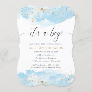 Invitation C'est un garçon baby shower d'aquarelle bleu et or