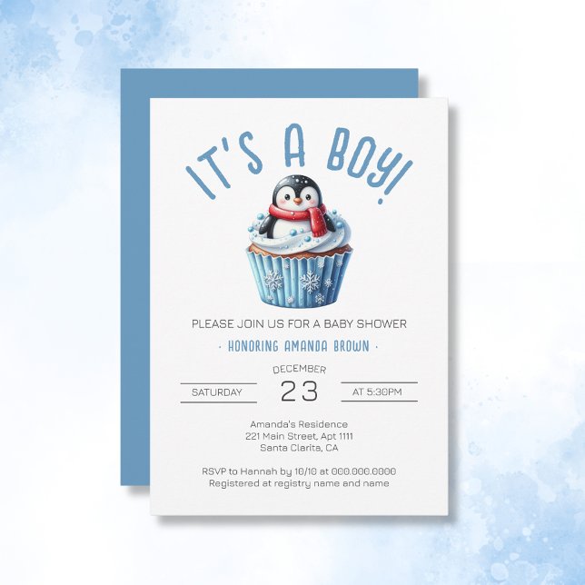 Invitation C'est un garçon Baby shower de manchot bleu hiver (It's A Boy Winter Blue Penguin Baby Shower Invitation)