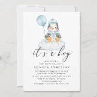 C'est un garçon. Baby shower de pingouin mignon aq