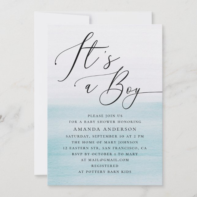 Invitation C'est un garçon - Baby Shower | Écriture aquarelle (Devant)