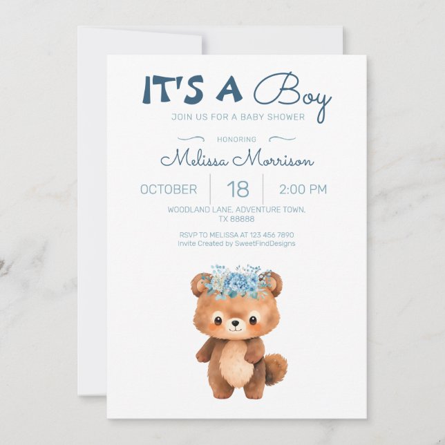 Invitation C'est un garçon Baby shower Garçon Ours (Devant)