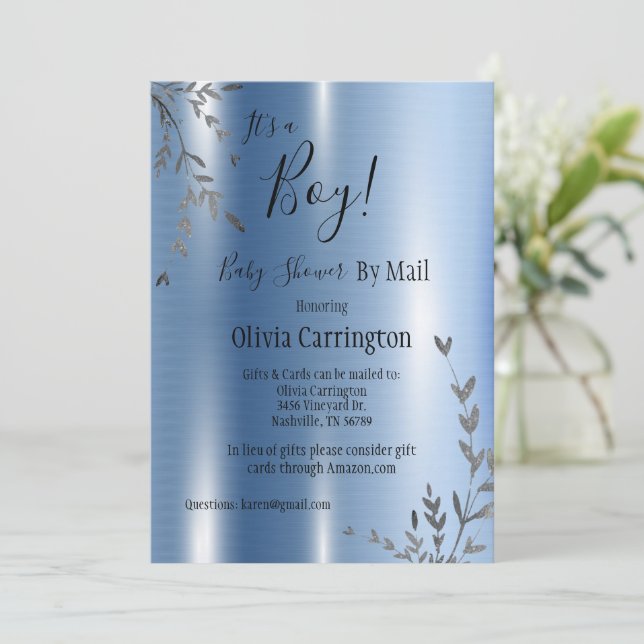 Invitation C'est un garçon Baby shower métallique par courrie (Debout devant)