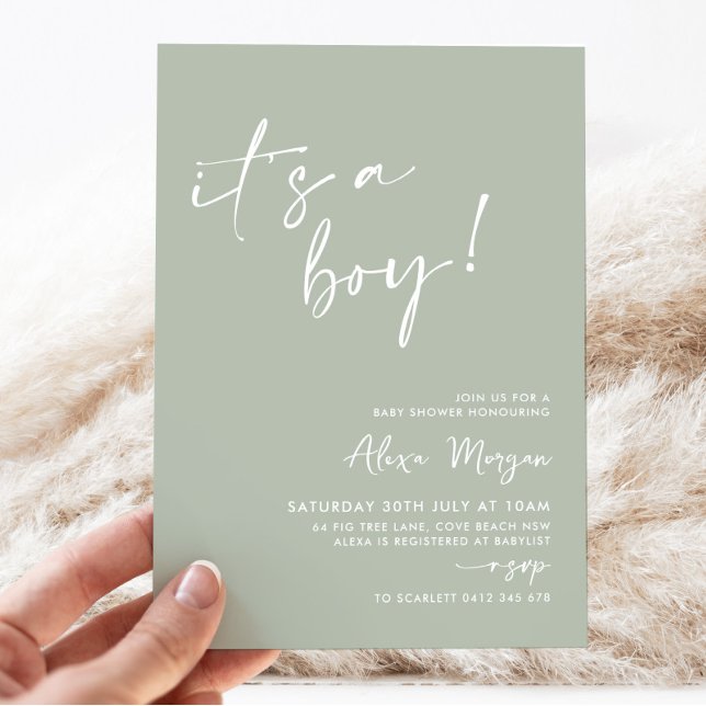 Invitation C'est un garçon ! Baby shower minimal Sage Green (It's a boy! | Sage Green Baby Shower Invitation)