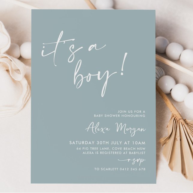 Invitation C'est un garçon ! Baby shower minimum bleu (It's a boy! | Blue Baby Shower Invitation)