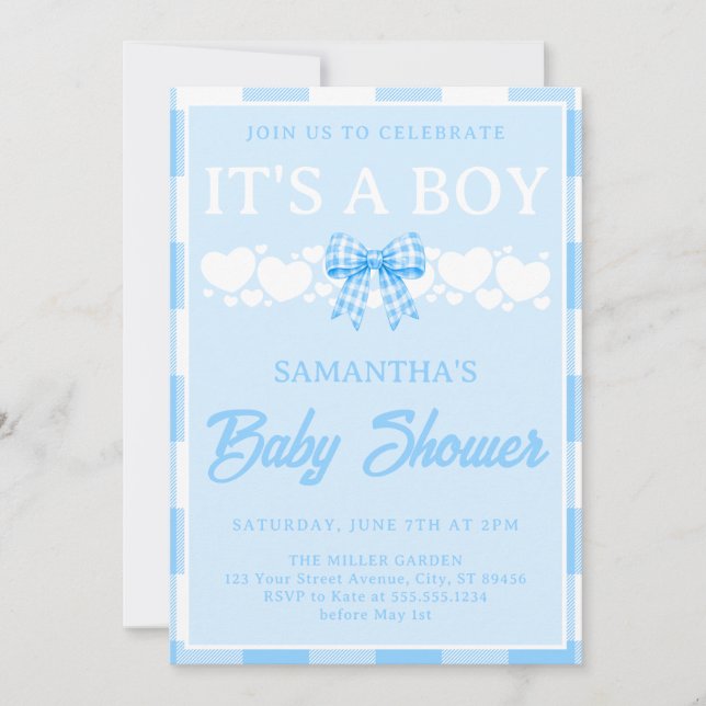 Invitation C'est un garçon Baby Shower Ruban Gingham Bleu (Devant)
