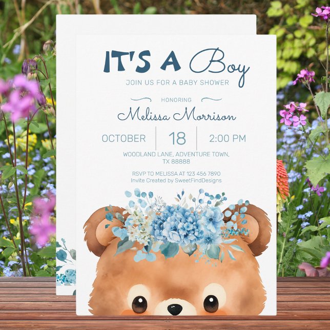 Invitation C'est un garçon Bear Floral Blue Baby shower (It's a boy Bear Floral Blue Baby Shower Invitation)