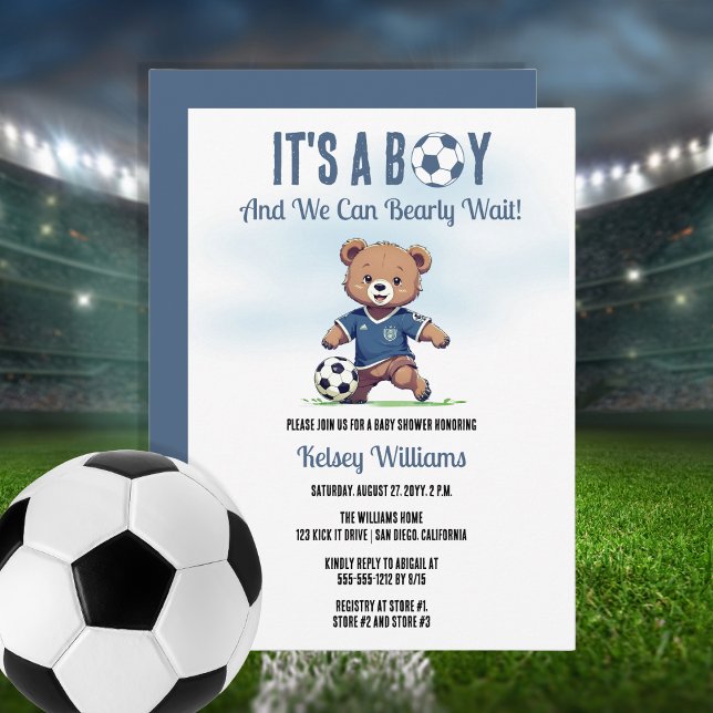 Invitation C'est un garçon Bearly Wait Soccer Player Baby sho (Cute Blue "It's A Boy and We Can Bearly Wait!" Teddy Bear Soccer Player Boy Baby Shower Invitation)