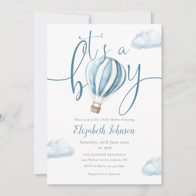 Invitation C'est un garçon Bleu Ballons QR Code Baby shower p (Devant)
