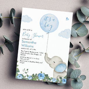Invitation C'Est Un Garçon Bleu Balloon Elephant Baby shower