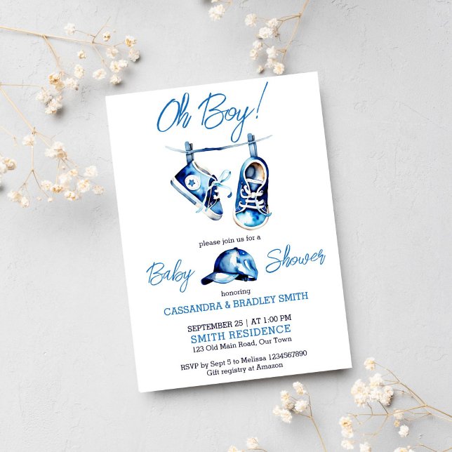 Invitation C'est un garçon bleu bébé chaussures un casquette  (Oh boy baby shower template invitation digital download sports cap baby sneakers blue modern invite)