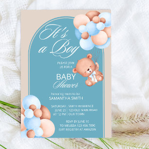 Invitation C'est un garçon bleu beige ballons en peluche arch
