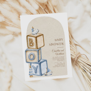 Invitation C'est un garçon Bleu Boho Blocks Et Baby shower de