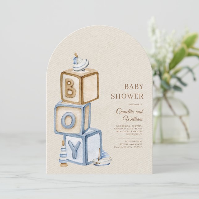 Invitation C'est un garçon Bleu Boho Blocs Baby shower Arc (Debout devant)