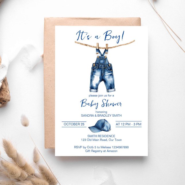 Invitation C'est un garçon bleu jean baby shower modèle (It's a boy blue jeans baby shower template invitation digital download cute jeans overalls and a cap)