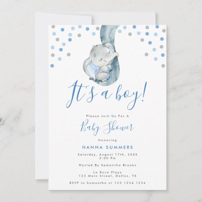 Invitation C'est un garçon Blue Elephant Baby shower Invitati (Devant)