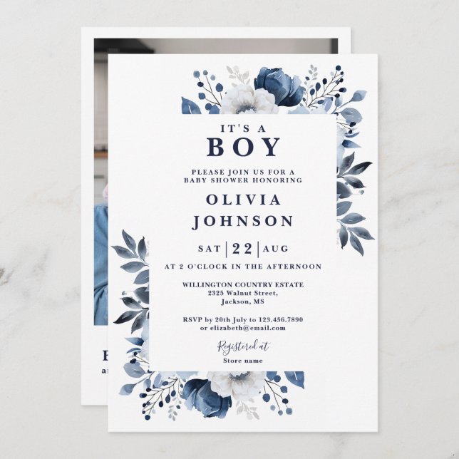 Invitation C'est un garçon Blue Floral Photo QR Baby shower (Devant / Derrière)
