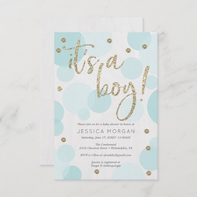 Invitation C'est un garçon Blue Polka Dot Baby Shower Invitat (Devant / Derrière)