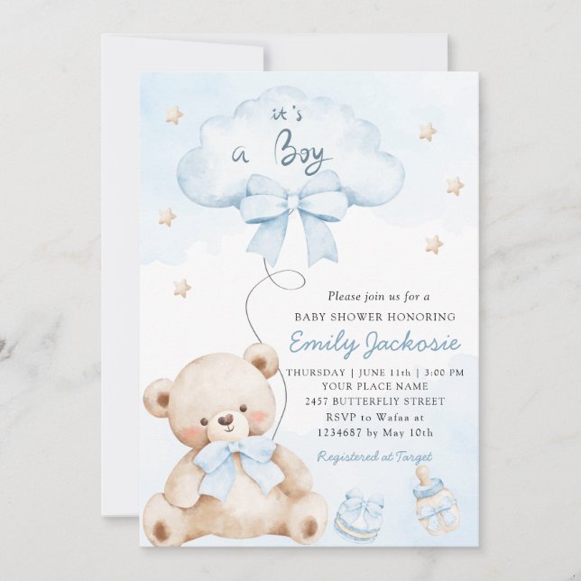 Invitation C'est un garçon Boho bleu mignon baby shower ours  (Devant)